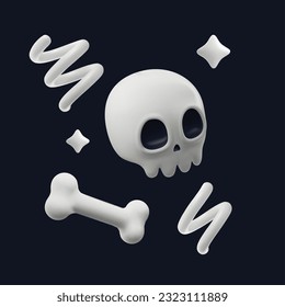 Skull and bones monster volumized image for Halloween 3D realistic vector illustration isolated on background. Rendered skull and bones for Halloween and Day of the Dead.