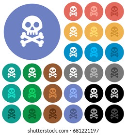 Skull with bones multi colored flat icons on round backgrounds. Included white, light and dark icon variations for hover and active status effects, and bonus shades on black backgounds.