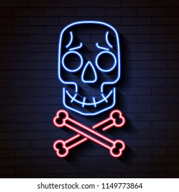 Skull and bones neon sign. Skull and crossed bones. Night bright advertisement. Vector illustration in neon style for Halloween