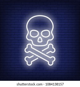 Skull and bones neon sign. Terrified skull and crossed bones. Night bright advertisement. Vector illustration in neon style for Halloween and bikers style