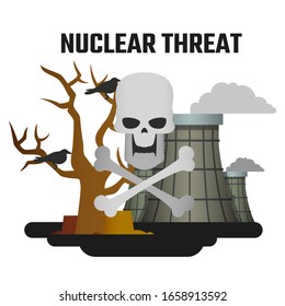 Skull with bones on a background of a dry tree with crows and a smoking nuclear power plant. The harm of nuclear energy. The world is in danger. Flat vector illustration.