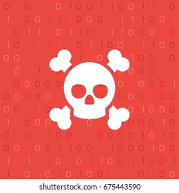Skull and bones on binary code background. Cyber crime and web pirate concept. Piracy on the Internet. Vector illustration in modern style