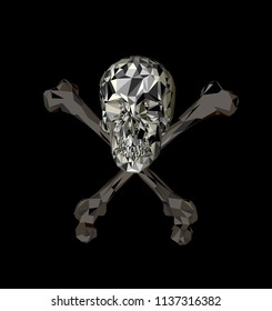  Skull with bones on a black background. Print, clothes, triangle.
