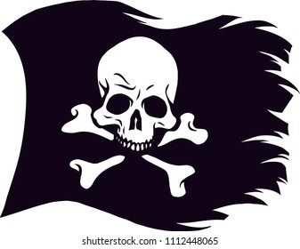 Skull and bones on a black flag. Vector image.