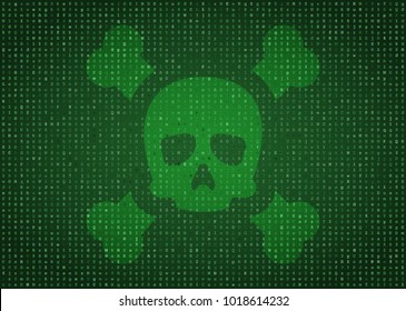 Skull and bones on green matrix background. Cyber attack concept