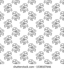 Skull and bones on white background. Halloween vector illustration. Hand drawn style. Seamless pattern for wallpaper, banner, fabric, wrapping paper.