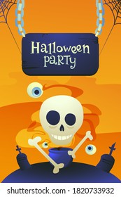 Skull with bones over a cauldron of potion on a bright orange background. Halloween party invitation. Happy Halloween!