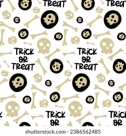 A skull and bones pattern in a seamless Halloween ornament. Vector background with symbols of bones, skulls, circles with skulls, cartoon doodles. Text trick or treat on a white background