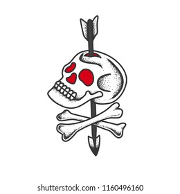 Skull and bones pierced by an arrow in a traditional tattoo style. 
