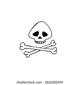 Skull and bones for a pirate flag or Halloween. Vector hand-drawn doodle illustration. Black and white outline