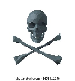 Skull and bones. Pirate simbol. Isolated on white background. Vector illustration. Pixel art.