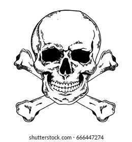Skull with bones. Pirate symbol Jolly Roger engraving vector illustration. Scratch board style imitation. Hand drawn image.