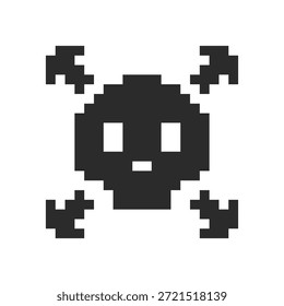  Skull and bones pixel sign, virus skull icon, 8 bit hacker cyber computer.