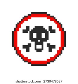 Skull and bones pixel sign, virus skull icon, 8 bit hacker cyber computer.