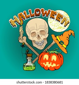A skull with bones, a pumpkin, a candle, poison and a witch's cap against the background of the moon and the inscription - Halloween. Icon, symbol, sign, emblem. Vector illustration
