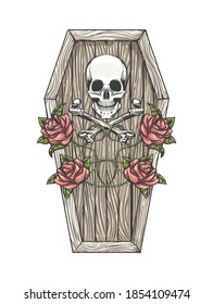 Skull with Bones and Roses on the Coffin Lid Colorful Tattoo isolated on white. Vector illustartion.
