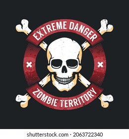 Skull and bones in round badge with ribbons. Jolly Roger retro sign of danger. Vector illustration.