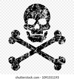 Skull with bones scratched on isolated transparent background. Worn skull icon. The symbol of pirates. Vector template for your design.