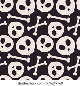 Skull and bones. Seamless pattern with flat design of skulls on the dark background. Vector illustration