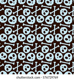 Skull and bones. Seamless pattern with flat design of skulls on the dark background. Vector illustration