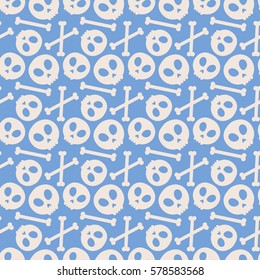 Skull and bones. Seamless pattern with flat design of skulls on the dark background. Vector illustration