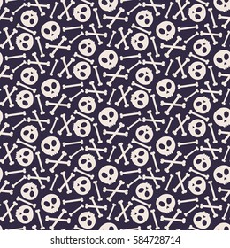 Skull and bones. Seamless pattern with flat design of skulls on the dark background. Vector illustration