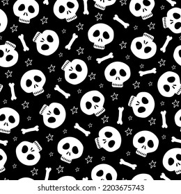 Skull and bones seamless pattern on black background. Good for textile print, wrapping, and wall paper, backgound and other decoration.