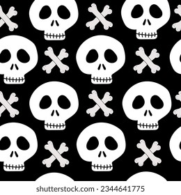 Skull and bones seamless pattern on black background. Good for textile print, wrapping, and wall paper, backgound and other decoration.