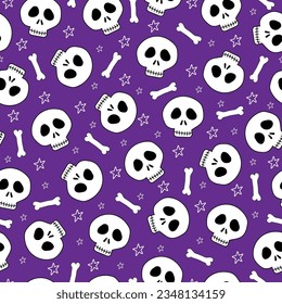 Skull and bones seamless pattern on purple background. Good for textile print, wrapping, and wall paper, backgound and other decoration.