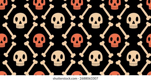 Skull and bones seamless pattern vector illustration. Halloween repeated tile ornament. Holiday design for textile, fabric, packaging, background.