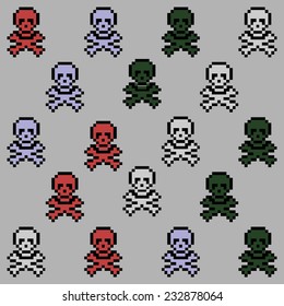 Skull and bones seamless pixel art pattern