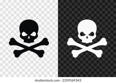 Skull and Bones Silhouette Symbol, Vektorsymbol. Symbol für Schädel und Knochen einzeln auf dunkel-helltransparentem Hintergrund.