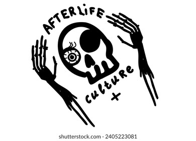 Skull and bones, skeleton, afterlife culture, vector illustration. Creepy, scary Halloween print.                                     