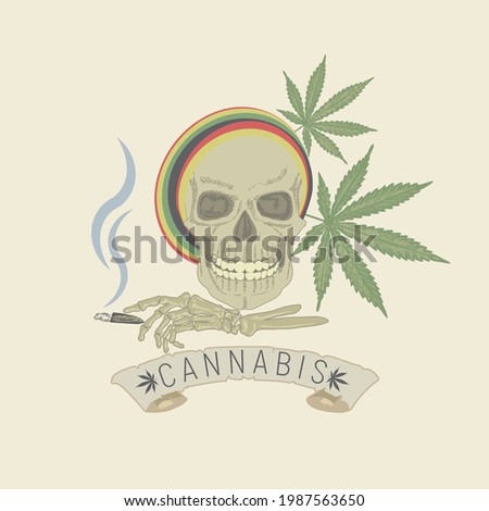 A skull and bones with a smoking marijuana cigarette and cannabis leaves. The concept of drug harm. Vintage style illustration.