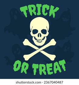 Calavera con huesos y texto Trick o Treat sobre fondo oscuro. Impresión de Halloween, vector	