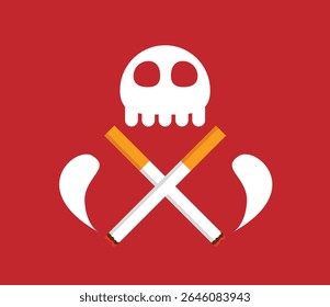 Skull and Bones Two Smoldering Cigarettes on Red Stop Smoking. Smoke a cigar and other bad habits that affect health vector art