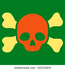 Skull And Bones vector icon. Style is bicolor flat symbol, orange and yellow colors, rounded angles, green background.