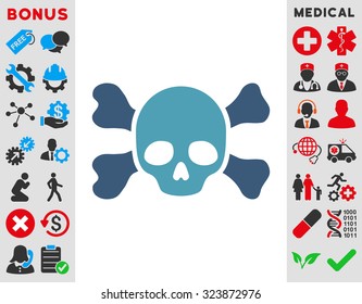 Skull And Bones vector icon. Style is bicolor flat symbol, cyan and blue colors, rounded angles, white background.