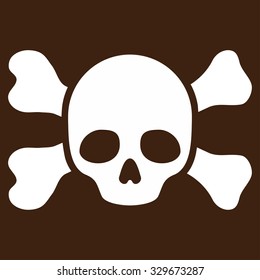 Skull And Bones vector icon. Style is flat symbol, white color, rounded angles, brown background.