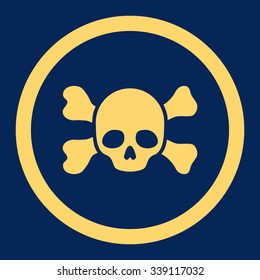 Skull And Bones vector icon. Style is flat rounded symbol, yellow color, rounded angles, blue background.