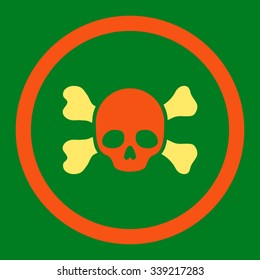 Skull And Bones vector icon. Style is bicolor flat rounded symbol, orange and yellow colors, rounded angles, green background.