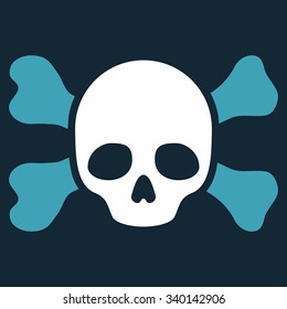 Skull And Bones vector icon. Style is bicolor flat symbol, blue and white colors, rounded angles, dark blue background.