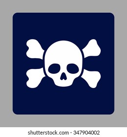 Skull And Bones vector icon. Style is flat rounded square button, white and dark blue colors, silver background.