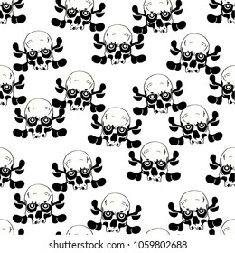 Skull and bones in wavy monochrome pattern, seamless vector background.