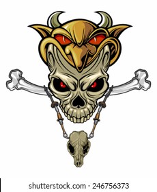 skull and bones wearing necklace and devil hat