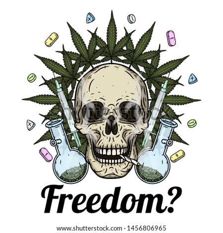 Skull. Skull with bong, syringes, tablets and marijuana leaves. Rastaman skull with cannabis leafs and spliff