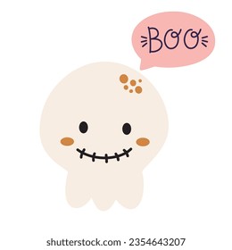 Skull with a Boo Speech Bubble. Happy Halloween. Vector cute illustration of skeleton in trendy colors for postcard, flyer, banner