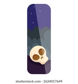 Skull bookmark lying under night sky with stars and clouds, halloween reading concept