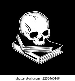 Skull books art Illustration hand drawn black and white vector for tattoo, sticker, logo etc