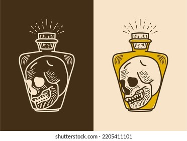 Skull in a bottle retro vintage art drawing design